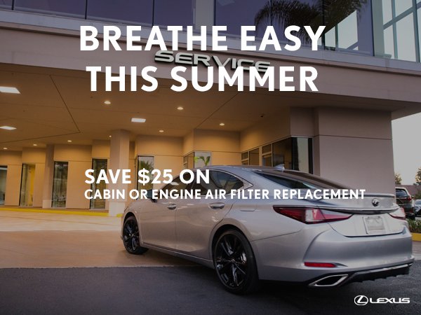 'Breathe Easy This Summer' service promotion banner for cabin and engine air filter replacement.