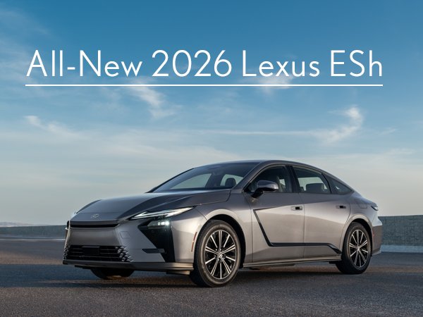 Model launch banner for the All-New 2026 Lexus ESh, showing a silver ESh parked by the coast.