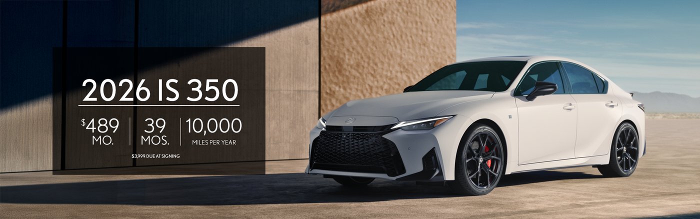 Lease special banner for the 2026 Lexus IS 350, showing a white IS parked against a desert backdrop.