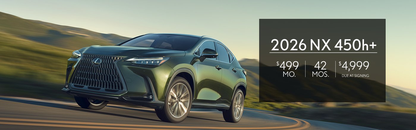 Lease special banner for the 2026 Lexus NX 450h+, showing a green NX cornering on a mountain road.