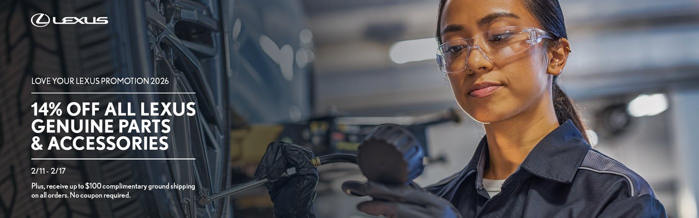 'Love Your Lexus Promotion 2026' banner offering 14% off all Lexus genuine parts and accessories.