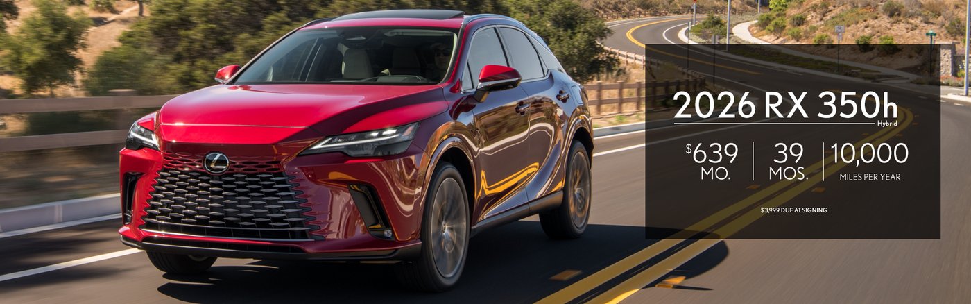 Lease special banner for the 2026 Lexus RX 350h Hybrid, showing a red RX on a winding road.