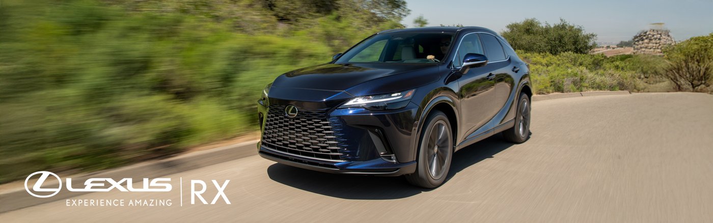 'Experience Amazing' banner for the Lexus RX, showing a dark blue RX driving on a tree-lined road.
