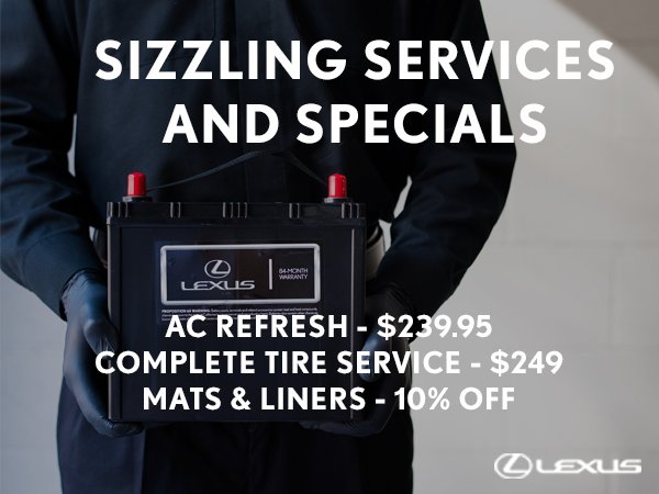 'Sizzling Services and Specials' banner listing AC refresh, tire service, and mats and liners pricing.