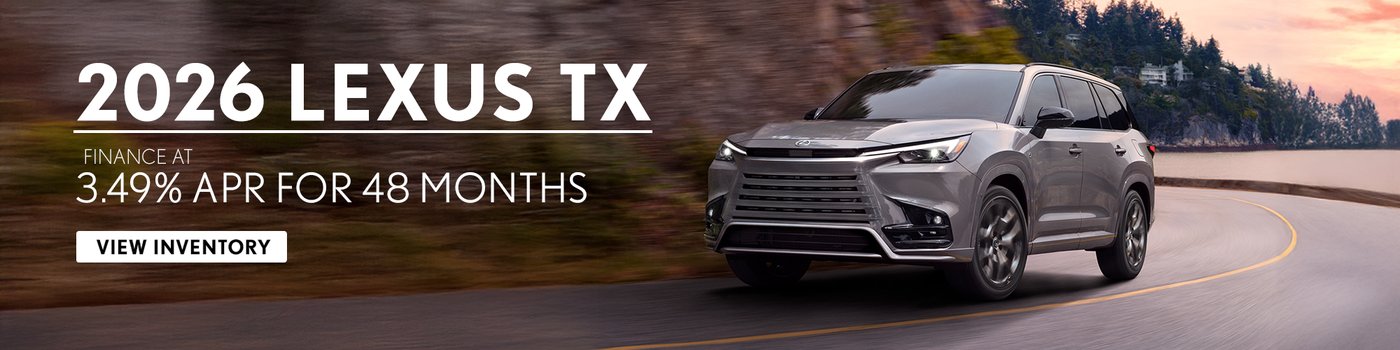 Finance rate promotion banner for the 2026 Lexus TX, showing a silver TX on a coastal road.