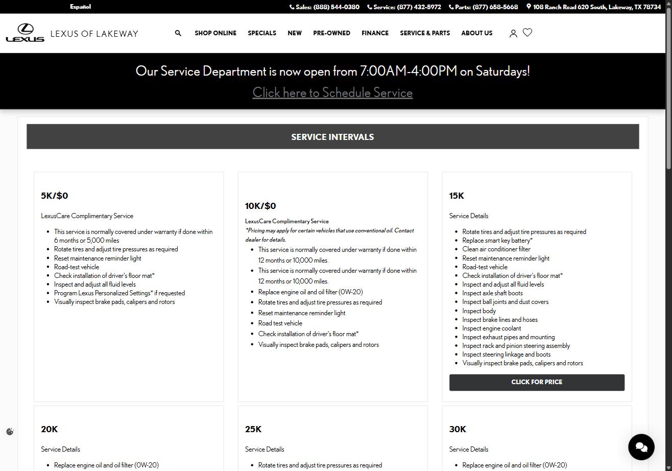 Lexus of Lakeway service menu page showing mileage-interval cards, each listing the included maintenance checklist.