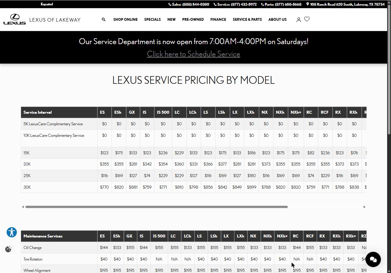 Lexus of Lakeway service pricing page showing a table of maintenance costs by vehicle model and mileage interval.